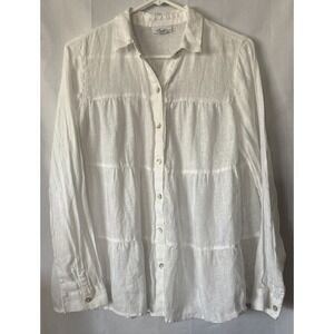 J Jill 100% Linen White Blouse Tiered‎ Button Down Women's XS (fits M-L)